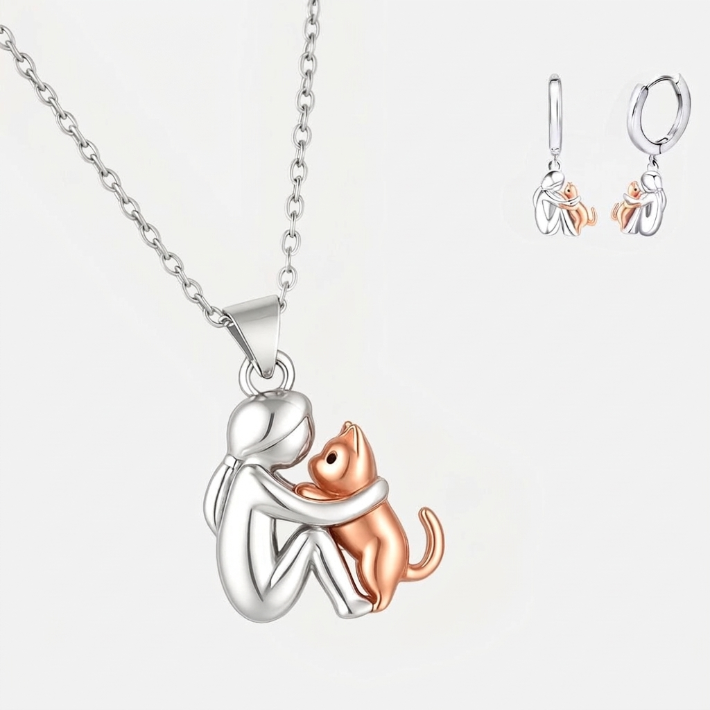 Collier Pendentif Câlin de Chat avec Boucles d'Oreilles Offertes – Offre Limitée