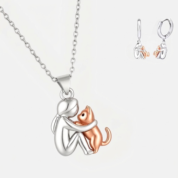 Collier Pendentif Câlin de Chat avec Boucles d'Oreilles Offertes – Offre Limitée
