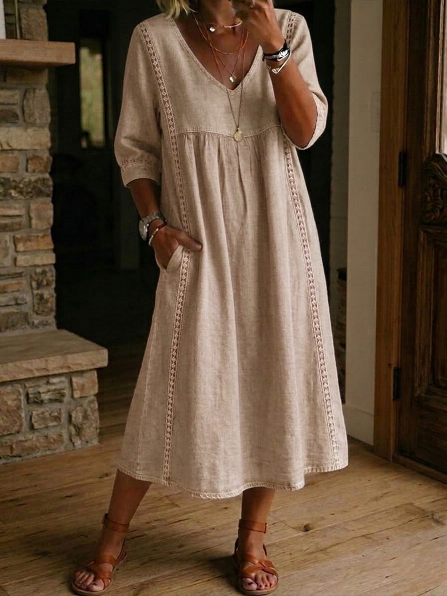 Lila - Robe Midi en Lin et Coton avec Dentelle