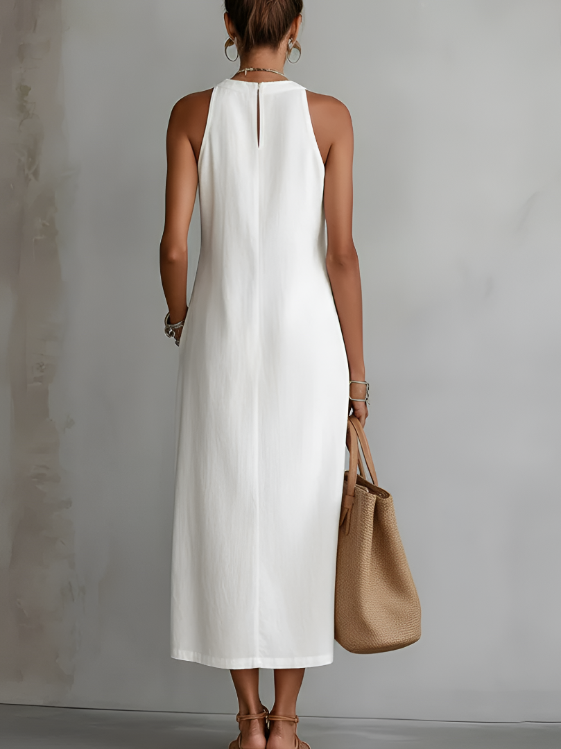 Jimena - Robe Midi en Lin avec Col Mao