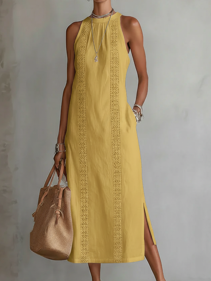 Jimena - Robe Midi en Lin avec Col Mao