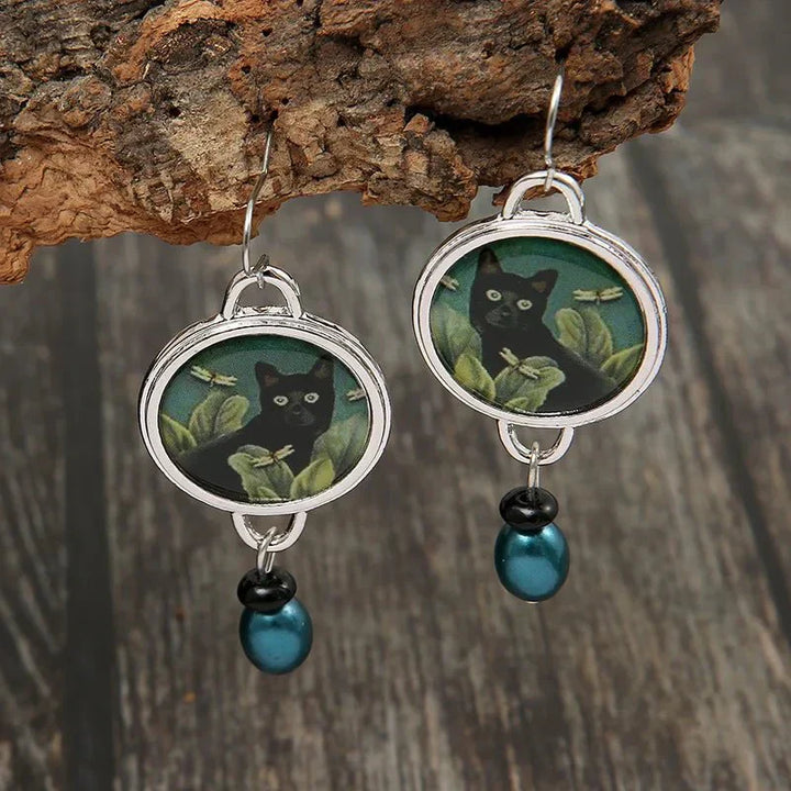 Boucles d'Oreilles Pendantes Chat Noir Tropical Vintage