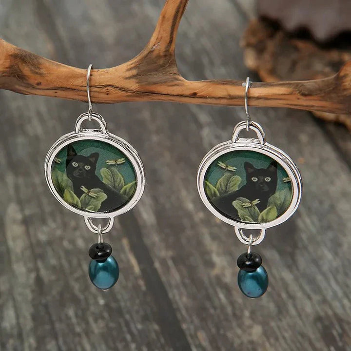 Boucles d'Oreilles Pendantes Chat Noir Tropical Vintage