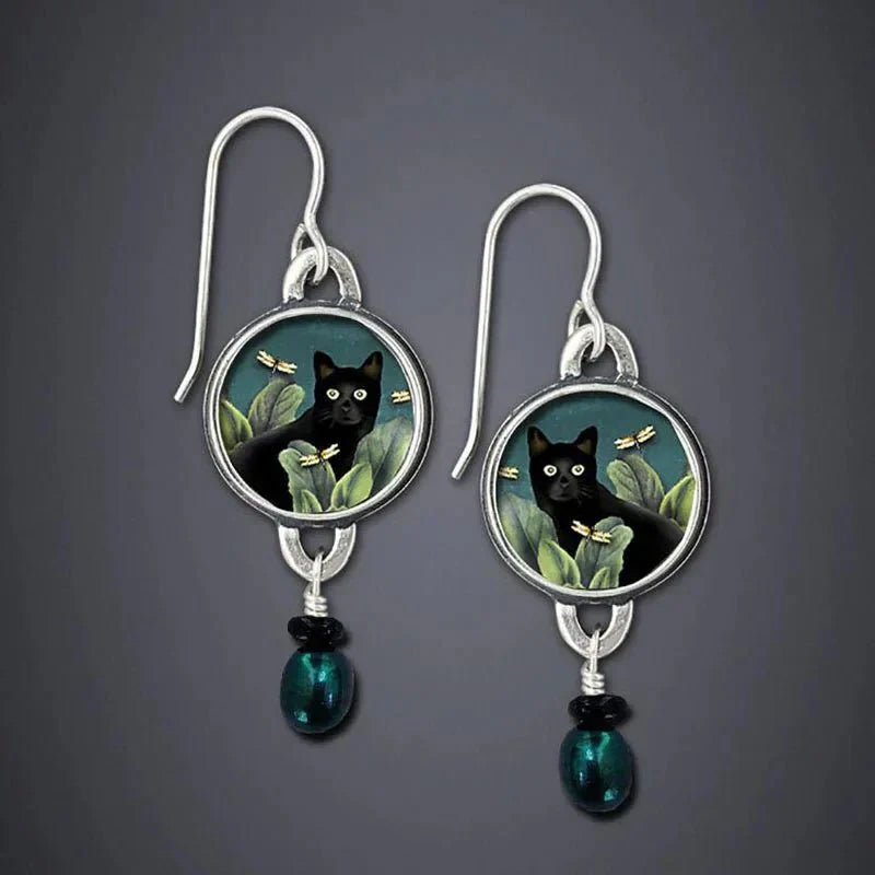 Boucles d'Oreilles Pendantes Chat Noir Tropical Vintage